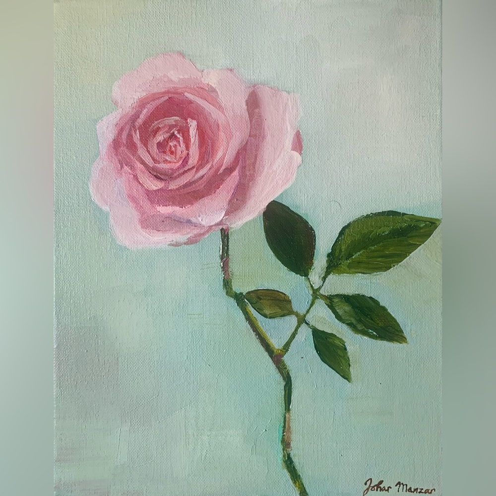 Original Oil Painting Canvas Rose Pink Mint Green Signed Wall Art Floral Flower